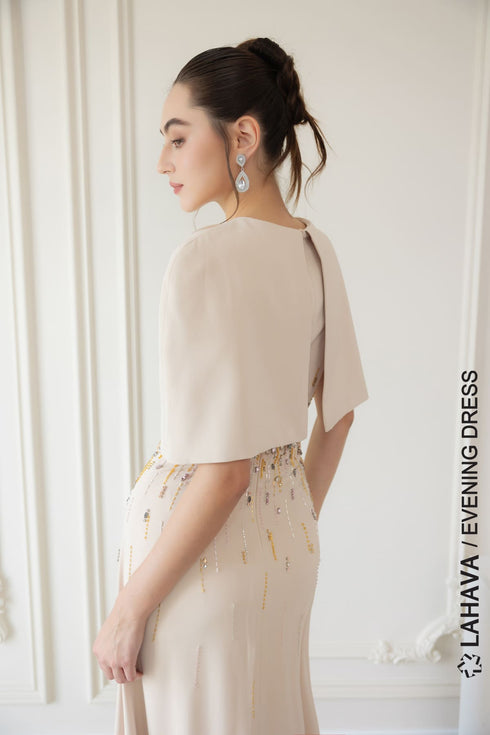Luxurious beige cape sleeves evening dress